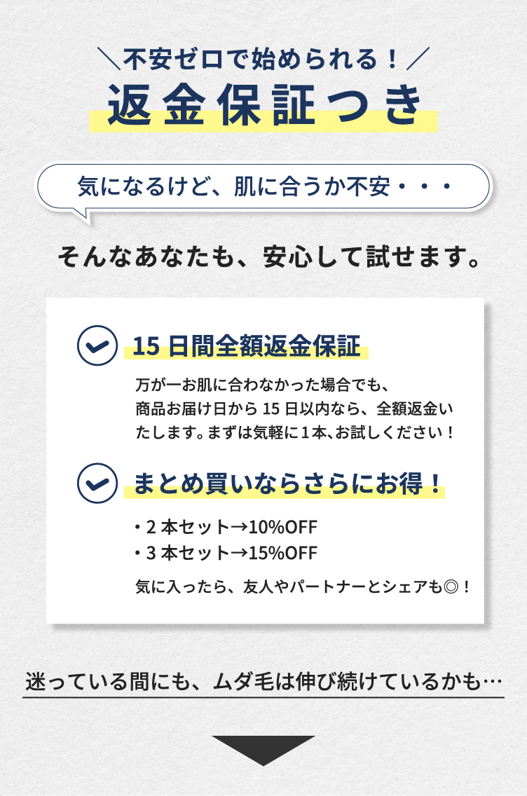 15日間の全額返金保証付きで安心して始められる。まとめ買いなら最大15%オフでさらにお得。