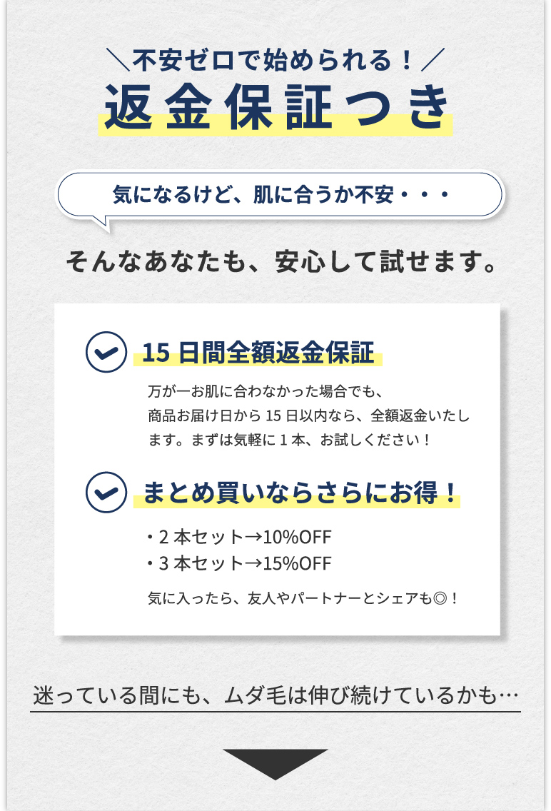 15日間の全額返金保証付きで安心して始められる。まとめ買いなら最大15%オフでさらにお得。