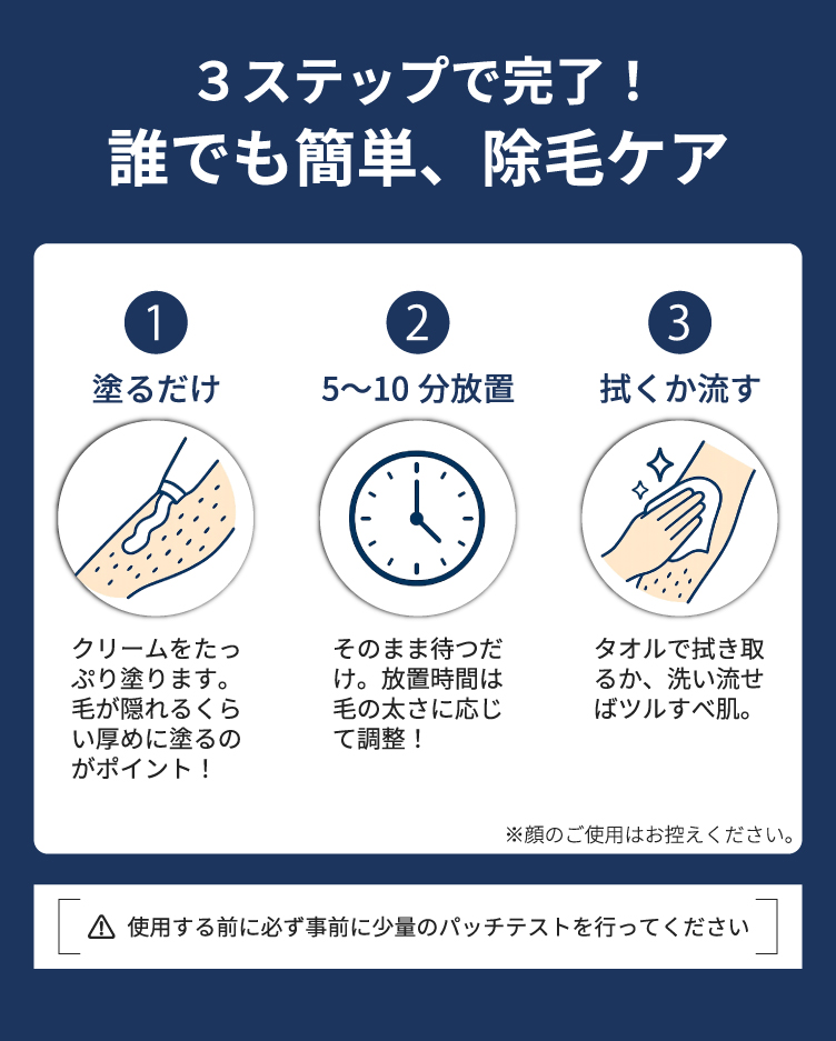 AMBiQUEの使い方は簡単3ステップ。クリームを塗って5〜10分放置し、拭き取るだけでツルすべ肌。顔には使用不可。使用前にパッチテスト推奨。