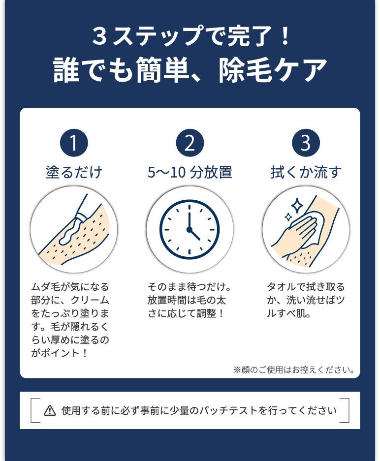 AMBiQUEの使い方は簡単3ステップ。クリームを塗って5〜10分放置し、拭き取るだけでツルすべ肌。顔には使用不可。使用前にパッチテスト推奨。