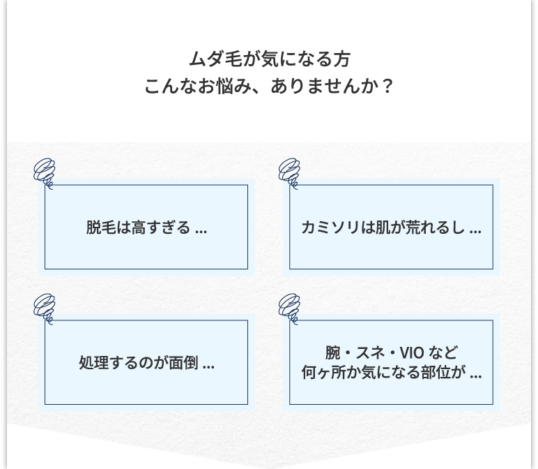 ムダ毛が気になる方への共感セクション。カミソリ負け、脱毛の価格、処理の手間、VIOやスネなど部位の悩みを紹介。