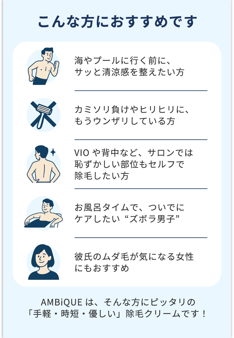 AMBiQUEはこんな人におすすめ。カミソリ負けが辛い方、VIOや背中のセルフ除毛をしたい方、ズボラ男子や彼氏のムダ毛が気になる女性にも。